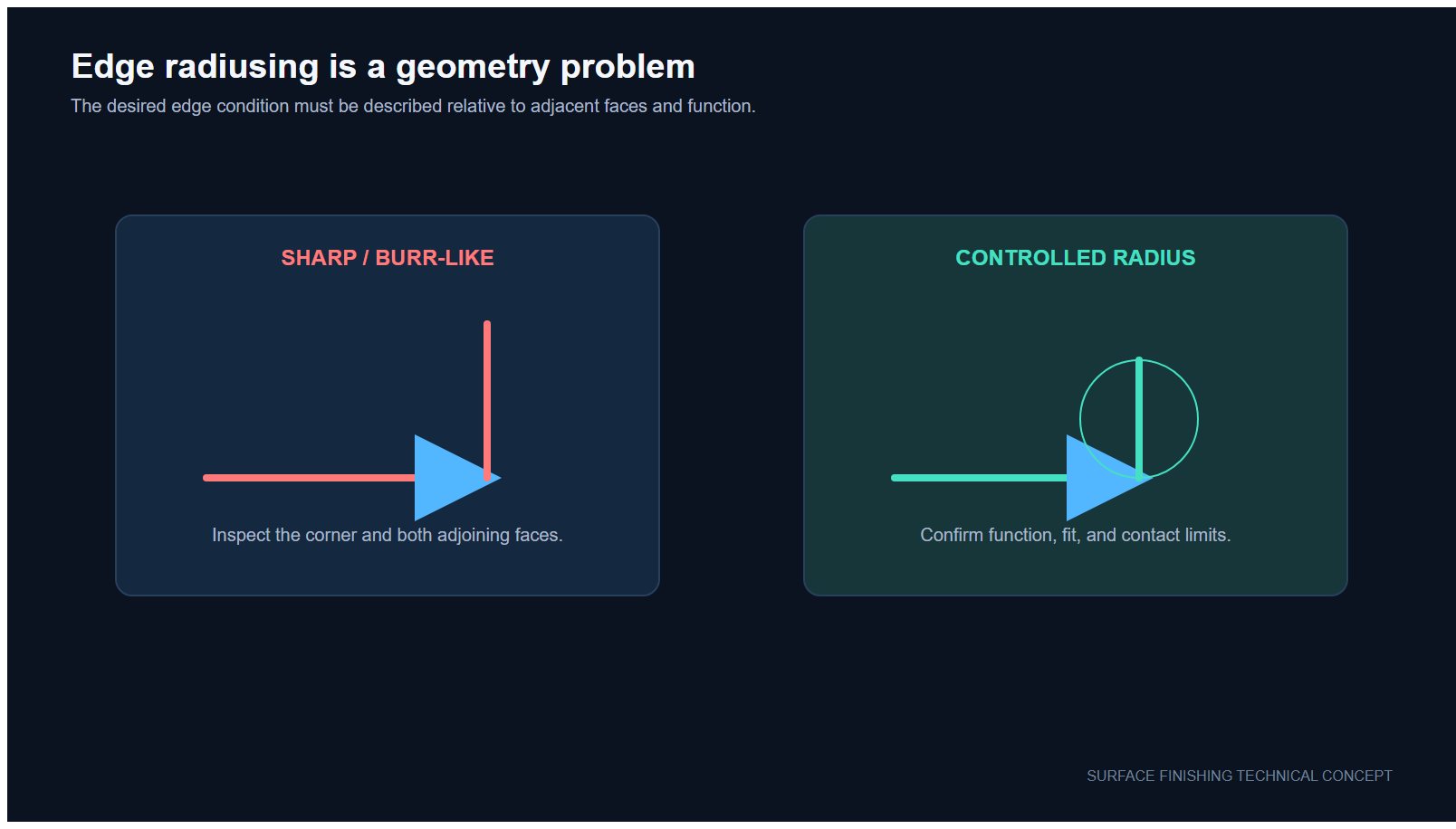 Technical infographic illustrating an edge-radiusing measurement concept