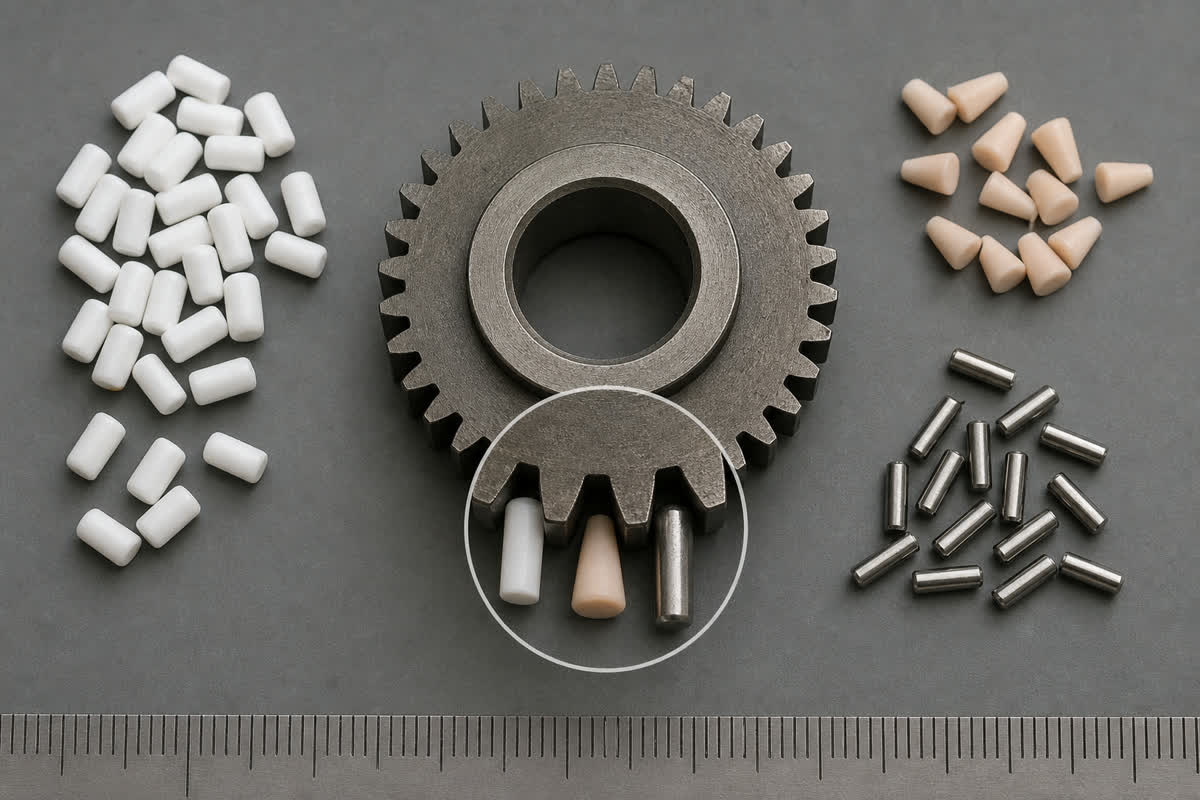 AI-generated conceptual gear-root access check using cylindrical, conical and pin finishing media.